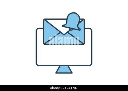 Mail notification icon. computer with bell and exclamation mark. icon related to warning, notification. suitable for app, user interfaces, etc. Flat l Stock Vector