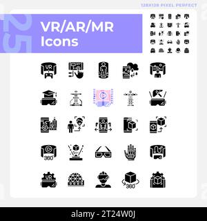 2D glyph style VR, AR and MR silhouette icons set Stock Vector