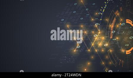 Vector isometric illustration. Digital technology and engineering background with glowing effect and numbers. Stock Vector