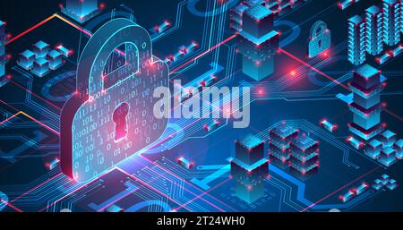 Isometric protection concept. Protect mechanism, system privacy. Vector Stock Vector