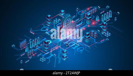 Isometric protection concept. Protect mechanism, system privacy. Vector Stock Vector