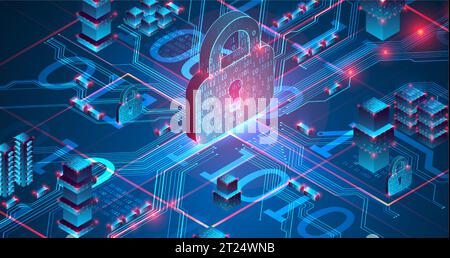 Isometric protection concept. Protect mechanism, system privacy. Vector Stock Vector