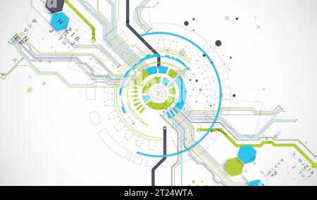 Abstract background with plexus effect. Scientific and technological concept with the use of technical elements formed in the shape of a circle. Stock Vector