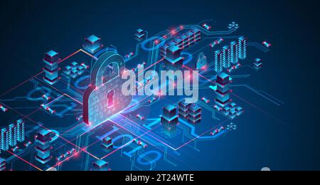 Isometric protection concept. Protect mechanism, system privacy. Vector Stock Vector