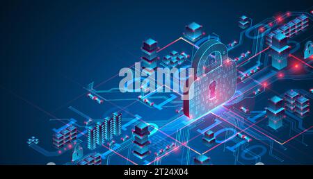 Isometric protection concept. Protect mechanism, system privacy. Vector Stock Vector