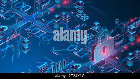 Isometric protection concept. Protect mechanism, system privacy. Vector Stock Vector
