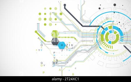 Abstract background with plexus effect. Scientific and technological concept with the use of technical elements formed in the shape of a circle. Stock Vector