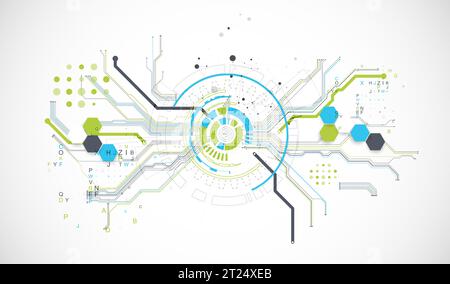 Abstract background with plexus effect. Scientific and technological concept with the use of technical elements formed in the shape of a circle. Stock Vector