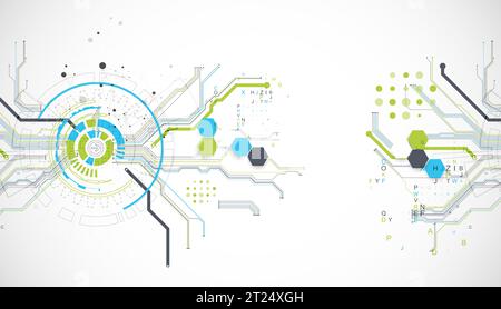 Abstract background with plexus effect. Scientific and technological concept with the use of technical elements formed in the shape of a circle. Stock Vector