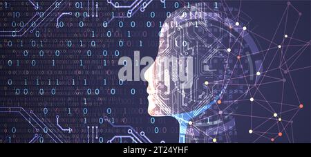 Artificial Intelligence. Technical background with a silhouette of a robot head. Big data concept. Machine cyber mind. Vector Stock Vector
