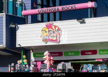 The Rock Shop seaside confectionery or sweet shop, Clarence Pier, Southsea, Portsmouth, Hampshire, England, UK Stock Photo