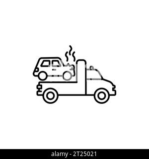 Towing service linear icon. Helping people to move their broken vehicles. Dangerous car accident. Thin line customizable illustration. Contour symbol. Stock Vector