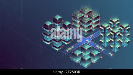 Smart city. Isometric big data concept, database.  Abstract technology background. Vector illustration Stock Vector