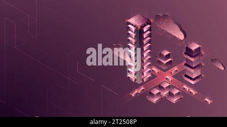 Smart city. Isometric big data concept, database.  Abstract technology background. Vector illustration Stock Vector
