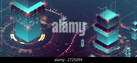 Smart city. Isometric big data concept, database.  Abstract technology background. Vector illustration Stock Vector