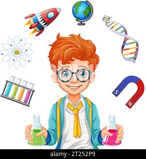 Male student cartoon holding conical flask on science class experiment illustration Stock Vector