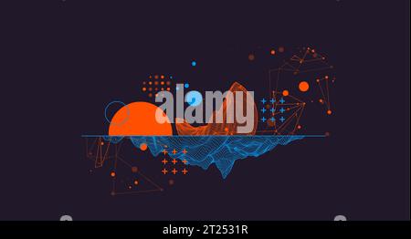 Trendy abstract wireframe mountain background. Modern science or technology art elements. Surface illustration. Vector. Stock Vector