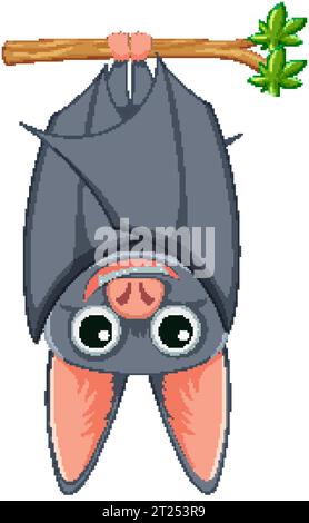 A cute cartoon bat hanging upside down from a tree branch Stock Vector