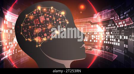 Artificial Intelligence. Technical background with a silhouette of a man. Big data concept. Machine cyber mind. Vector Stock Vector