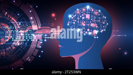 Artificial Intelligence. Technical background with a silhouette of a man. Big data concept. Machine cyber mind. Vector Stock Vector