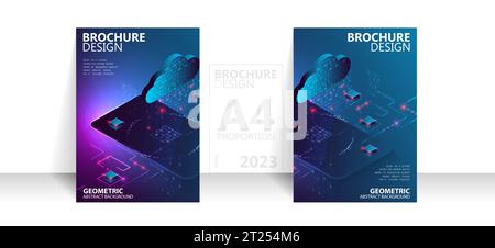 Brochure template flyer background for business design in A4 proportion. Isometric big data processing concept, cloud database. Stock Vector
