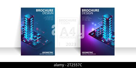 Brochure template flyer background for business design in A4 proportion. Isometric big data processing concept, cloud database. Stock Vector