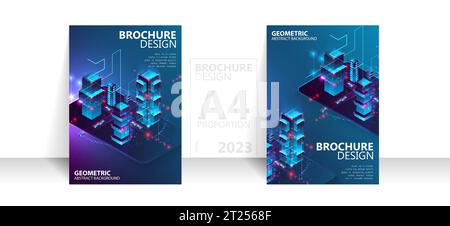 Brochure template flyer background for business design in A4 proportion. Isometric big data processing concept, cloud database. Stock Vector