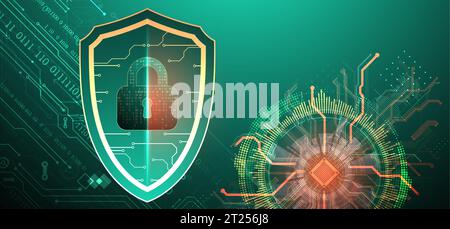 Technological abstract background on the topic of information protection and computer security.  Shield with the image of a padlock in the middle. Vec Stock Vector