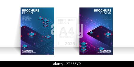 Brochure template flyer background for business design in A4 proportion. Isometric big data processing concept, cloud database. Stock Vector