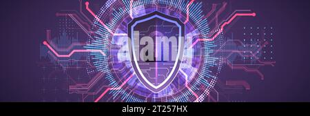 Technological abstract background on the topic of information protection and computer security.  Shield with the image of a padlock in the middle. Vec Stock Vector