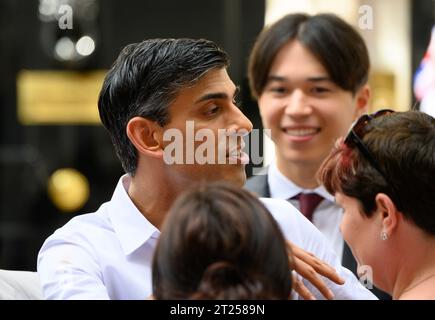 British Prime Minister Rishi Sunak at the Coronation Big Lunch hosted by him and his wife in Downing Street, 7th May 2023 Stock Photo