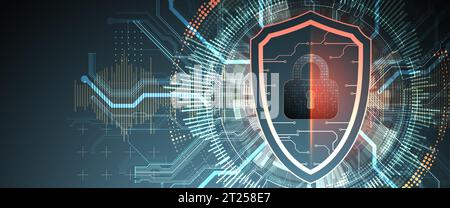 Technological abstract background on the topic of information protection and computer security.  Shield with the image of a padlock in the middle. Vec Stock Vector