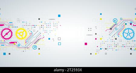 Abstract technological background with various elements. CMYK concept. Vector Stock Vector