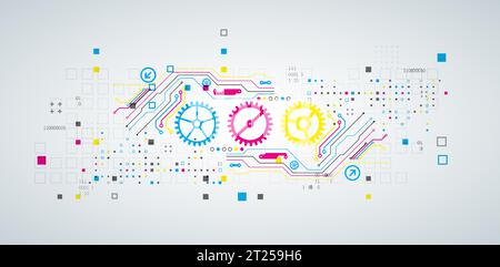 Abstract technological background with various elements. CMYK concept. Vector Stock Vector
