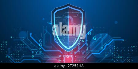 Technological abstract background on the topic of information protection and computer security.  Shield with the image of a padlock in the middle. Stock Vector