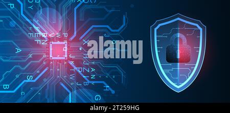 Technological abstract background on the topic of information protection and computer security.  Shield with the image of a padlock in the middle. Stock Vector