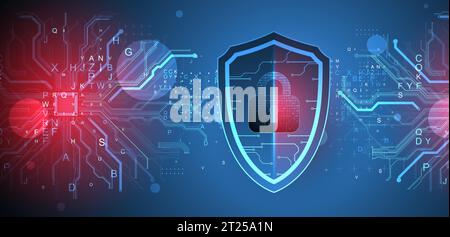 Technological abstract background on the topic of information protection and computer security.  Shield with the image of a padlock in the middle. Stock Vector