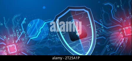 Technological abstract background on the topic of information protection and computer security.  Shield with the image of a padlock in the middle. Stock Vector