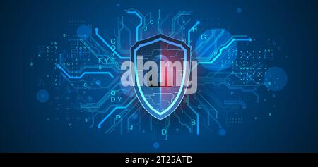Technological abstract background on the topic of information protection and computer security.  Shield with the image of a padlock in the middle. Stock Vector
