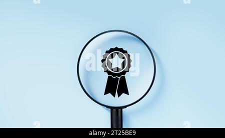 Certification, Quality warranty concept. Standardization, ISO. magnifier and quality warranty icon on blue background. banner and advertising premium Stock Photo