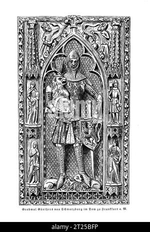 Tombstone of Guenther von Schwarzburg  King of Germany (disputed) in splinted armour  in Frankfurt cathedral, 14th century, masterpiece of Gothic art painted with golden decoration Stock Photo