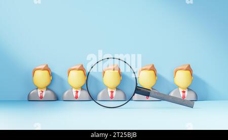 magnifying glass focused on person. looking for employee. Human resources concept, target market and audience, focus group. copy space. 3d rendering Stock Photo