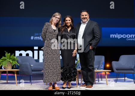 Cannes, France. 16th Oct, 2023. Banijay's Chairman of the Americas Cris Abrego and award-winning actress, Emmy®-nominated director, producer, and activist Eva Longoria take part in a joint future-facing keynote at the Cannes Mipcom, Cannes, France on October 17, 2023. Photo by Shootpix/ABACAPRESS.COM Credit: Abaca Press/Alamy Live News Stock Photo