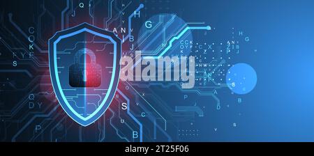 Technological abstract background on the topic of information protection and computer security.  Shield with the image of a padlock in the middle. Stock Vector