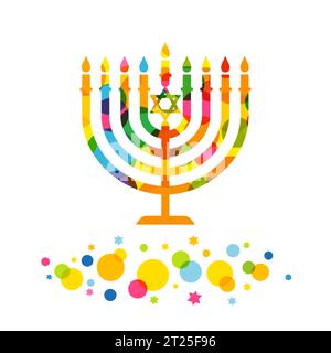 Colorful hanukkah menorah with colored confetti and stars. Jewish festival of lights, menora candle icon. Vector illustration Stock Vector