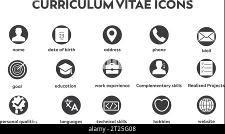 Set of modern design icons and pictograms for resume and cv. Name, date of birth contact, address, phone, mail, goal, education, work experience... Stock Vector