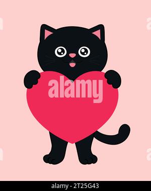 Cute cartoon black cat with a heart in his paws. Cute template for love card or Valentines Day greeting. Vector illustration Stock Vector