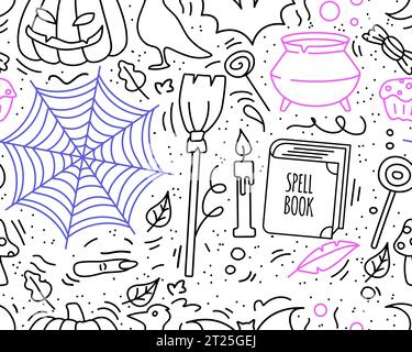 Doodle Halloween seamless pattern. Web. pumpkin, Jack-o-lantern, raven, witch cauldron, candle, broom, cut finger, autumn leaves. Occult stuff for Stock Vector