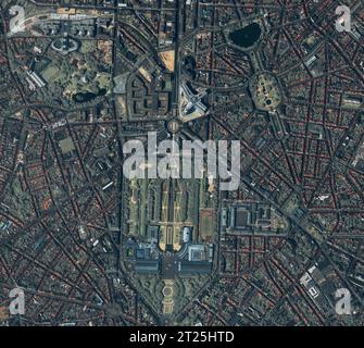 Map, buildings and aerial of city with street lines, residential and ...
