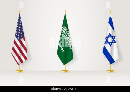 Political gathering of governments. Flags of United States, Saudi Arabia and Israel. Flags set. Stock Vector